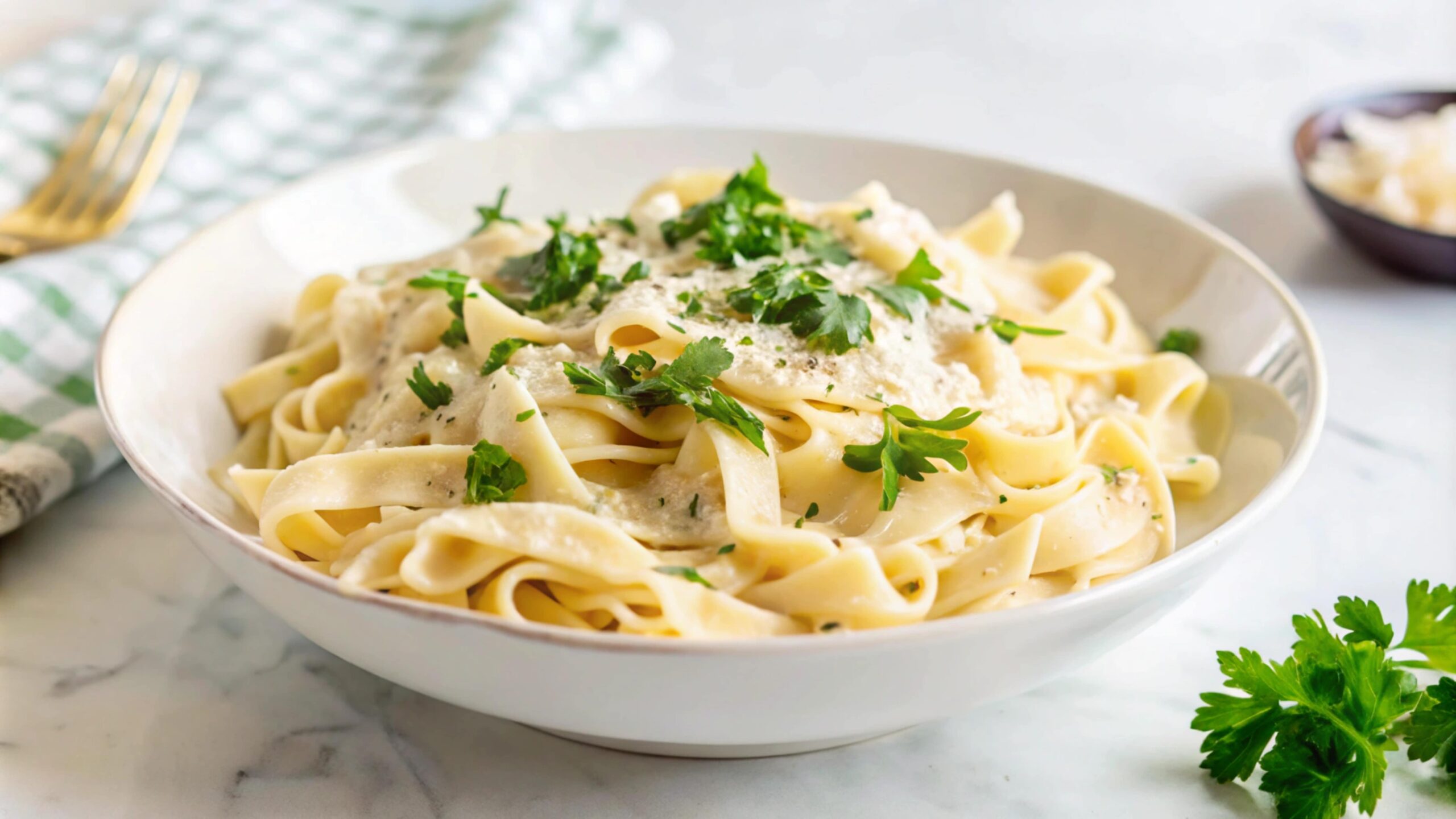 Paste cu sos Alfredo cremos, din unt, smântână dulce și parmezan